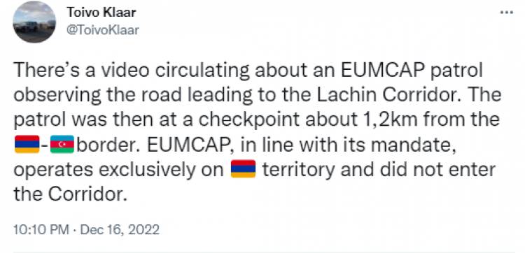 ԵՄ առաքելությունը չի այցելել Լաչինի միջանցք․ Տոյվո Կլաար
